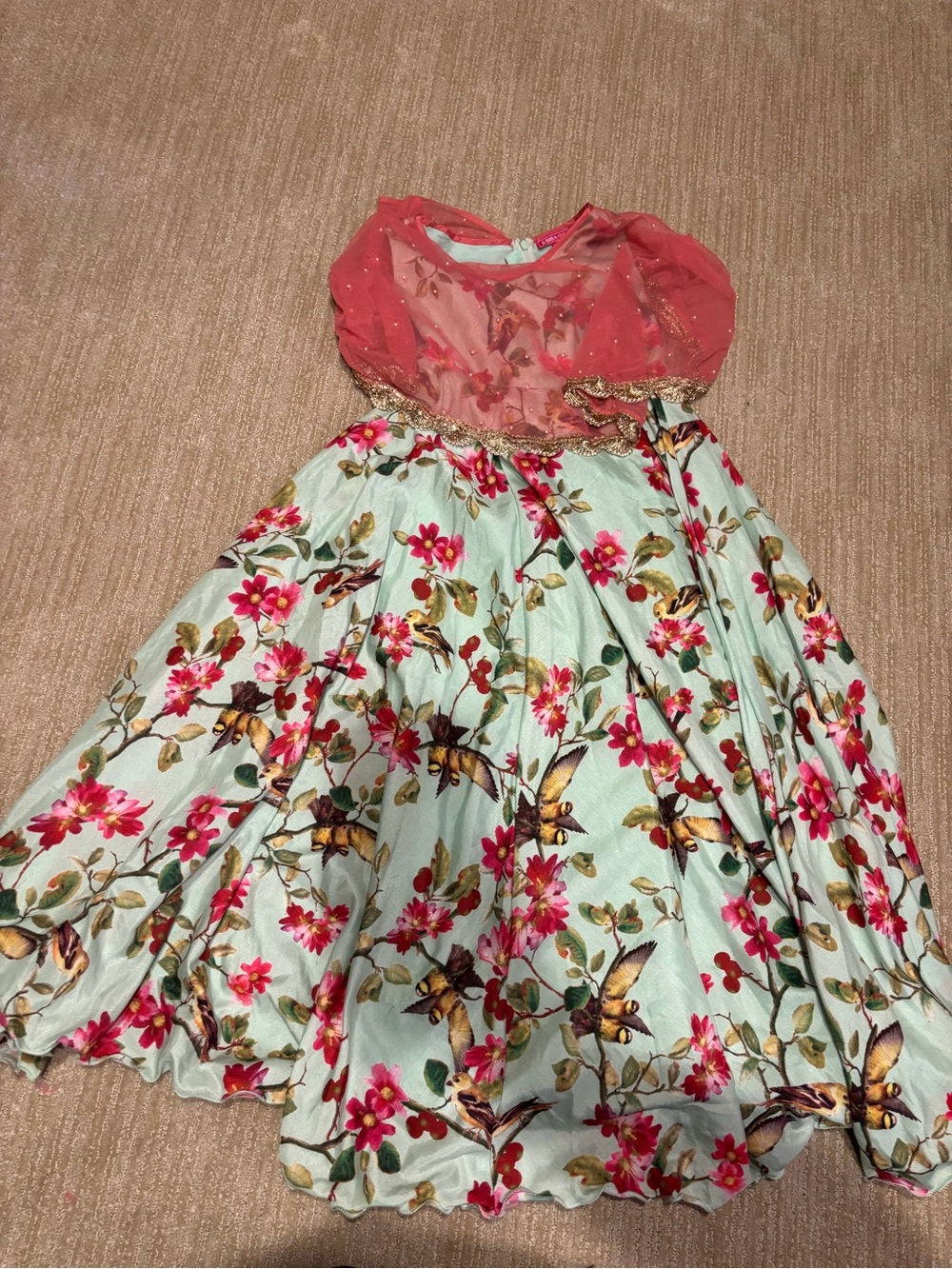 Girls Coral and Mint Floral Party Dress